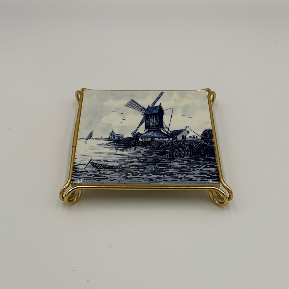 Elegant Blue and Gold Windmill Art Tile Trivet